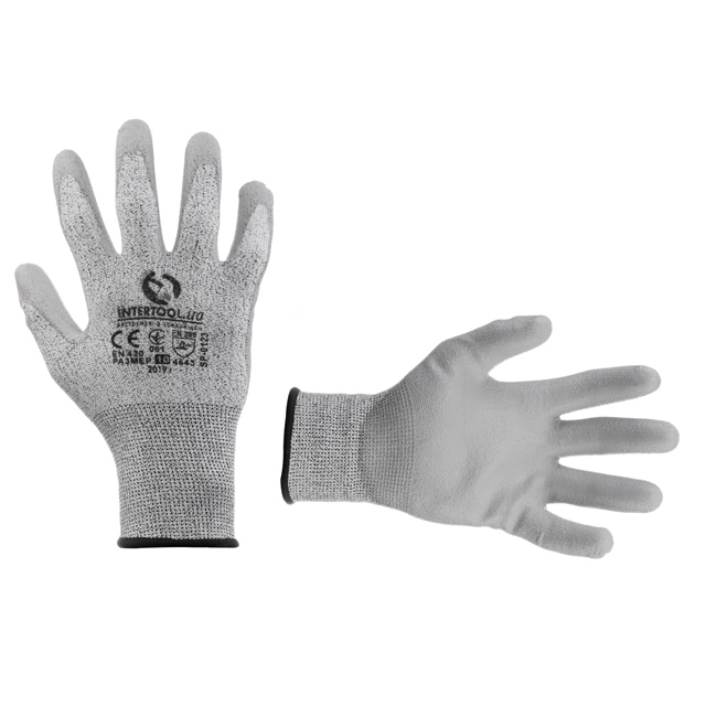 Рукавичка трикотажна порізостійка з покриттям з поліуретану на долоні, сіра, 10" INTERTOOL